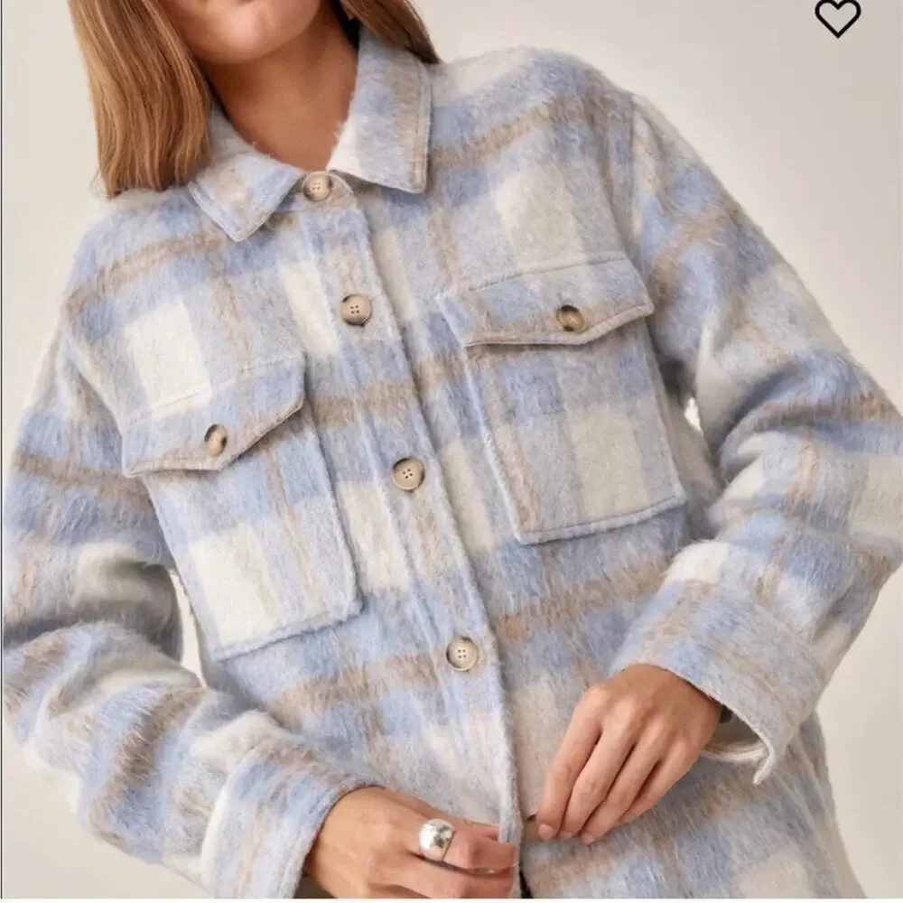 Reformation Ainslie Button Up Flannel Oversized Jacket Light Blue White Plaid L - Picture 8 of 12